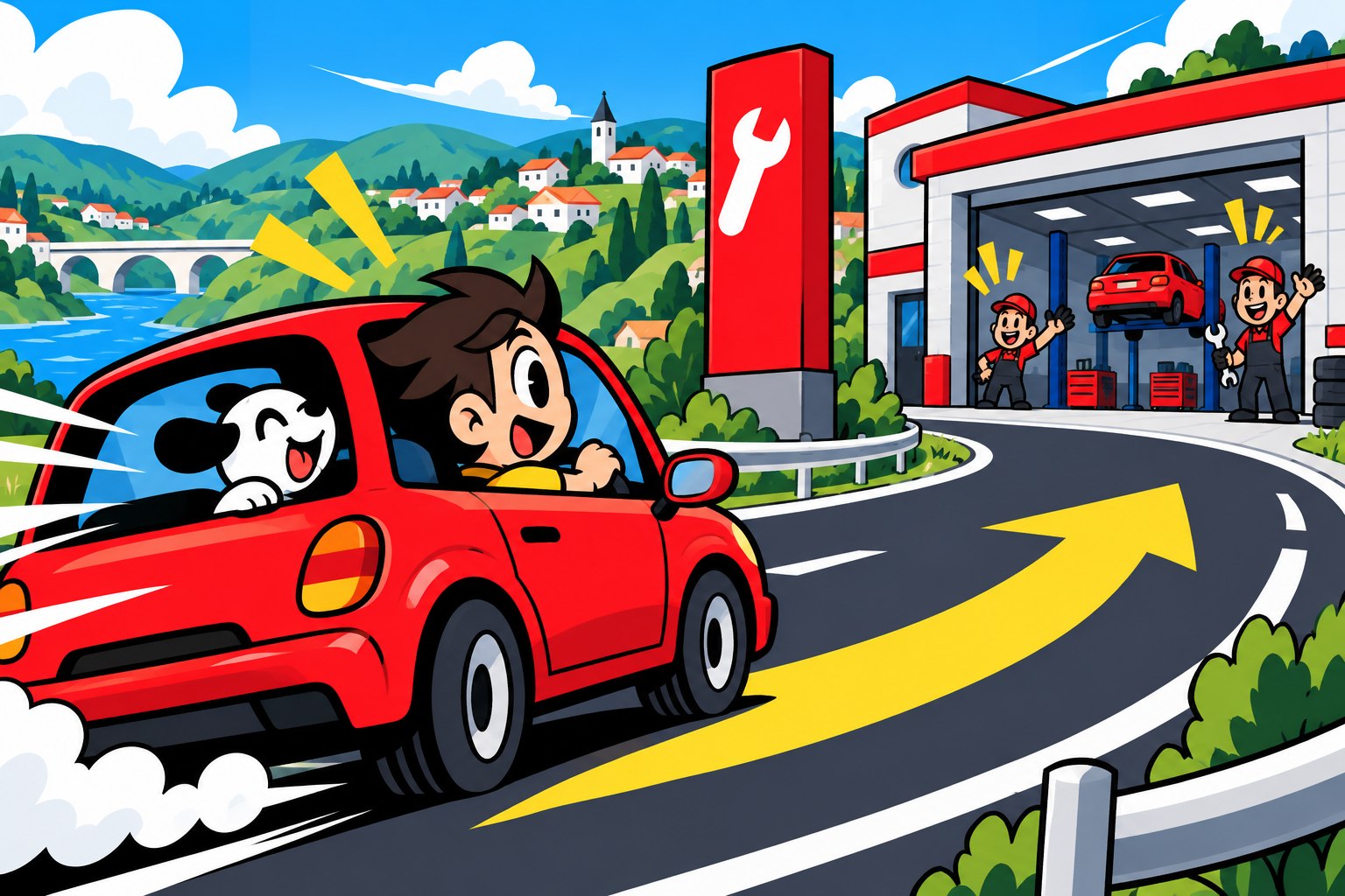 赤い車が道を走って整備工場へ向かうイラスト