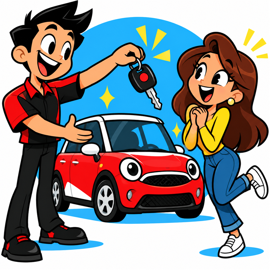 スタッフがお客様へ代車の鍵を渡しているイラスト
