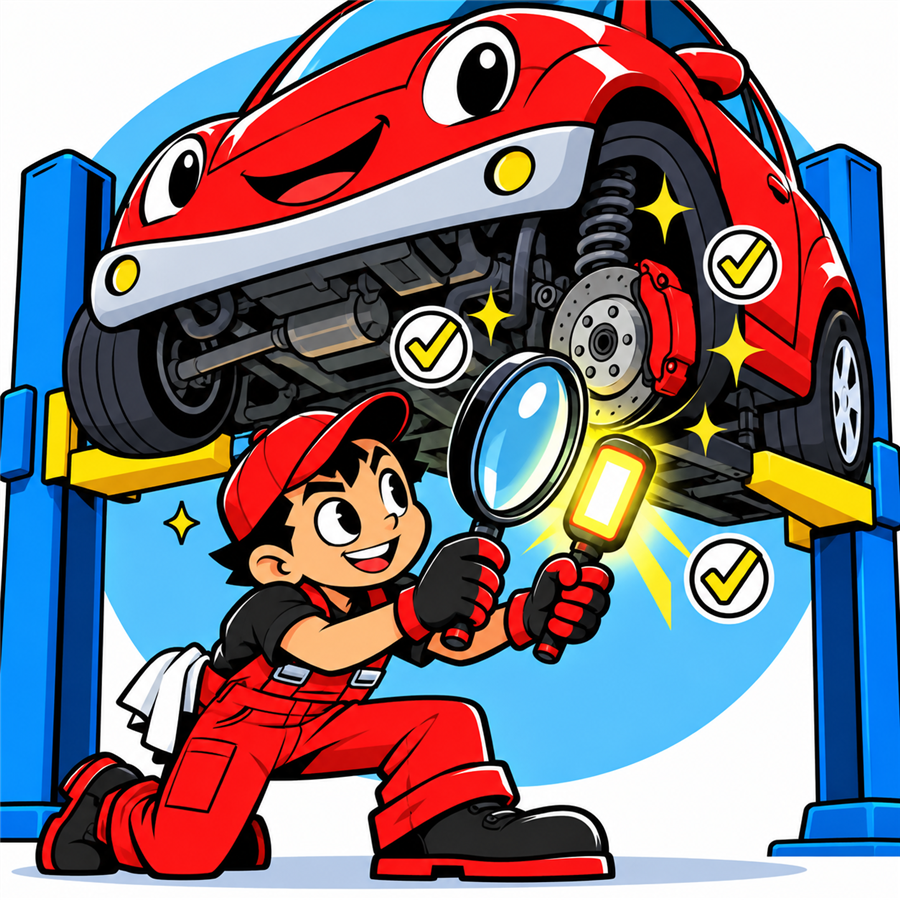 整備士が車の細部を点検しているイラスト
