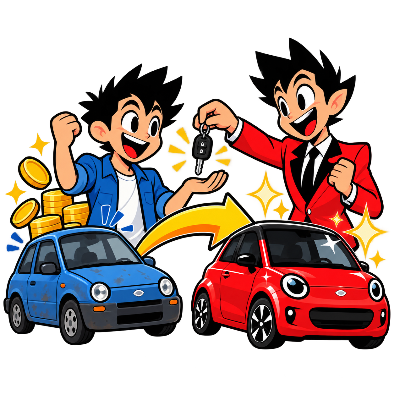 古い車から新しい車への乗り換えと下取りを表すイラスト