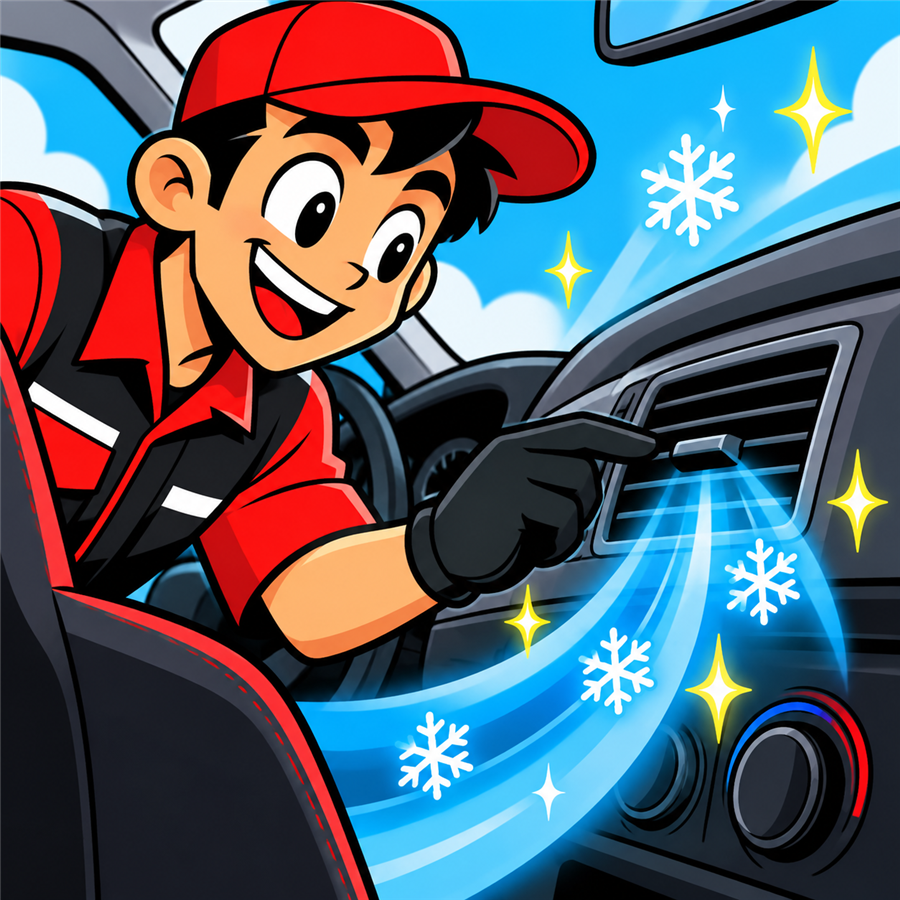 整備士が車のエアコンを点検しているイラスト