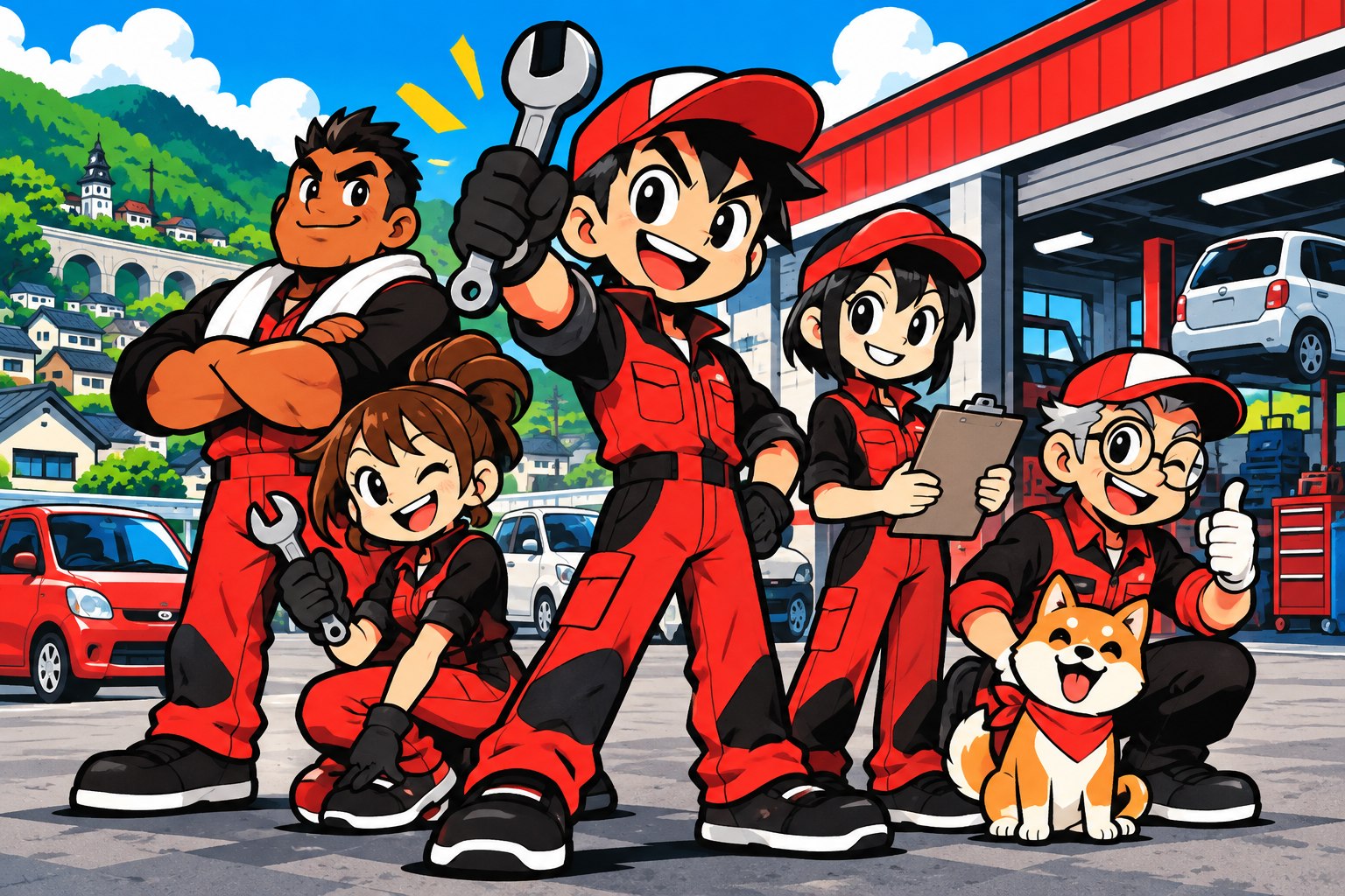 整備工場の前にスタッフが集合しているポップなイラスト
