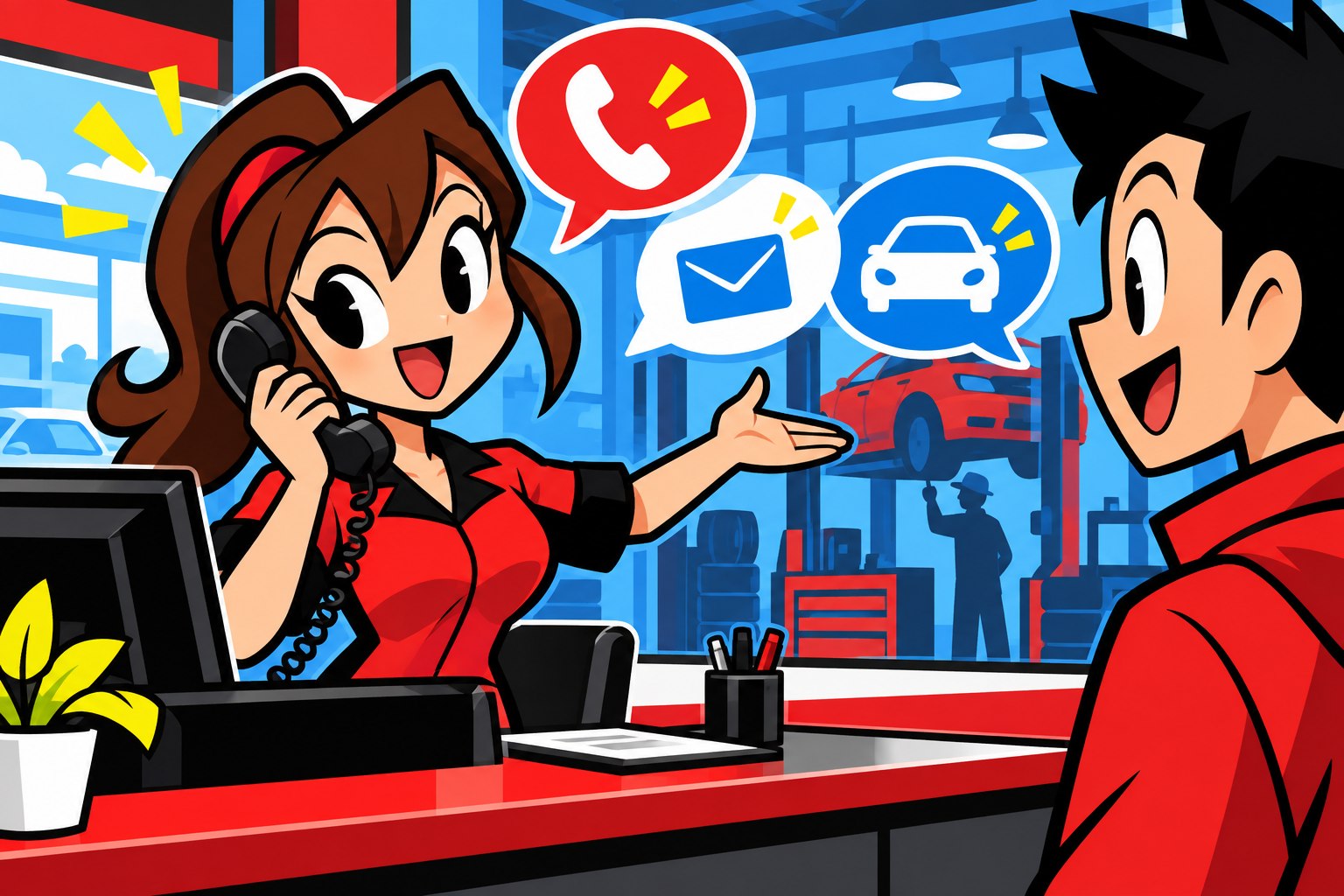 スタッフがお客様から電話で相談を受けているポップなイラスト