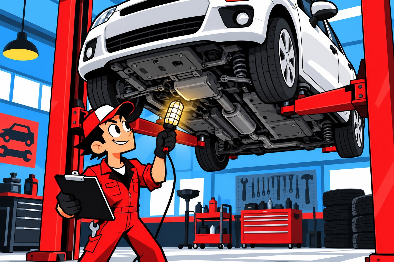 整備士が車を点検するポップなイラスト