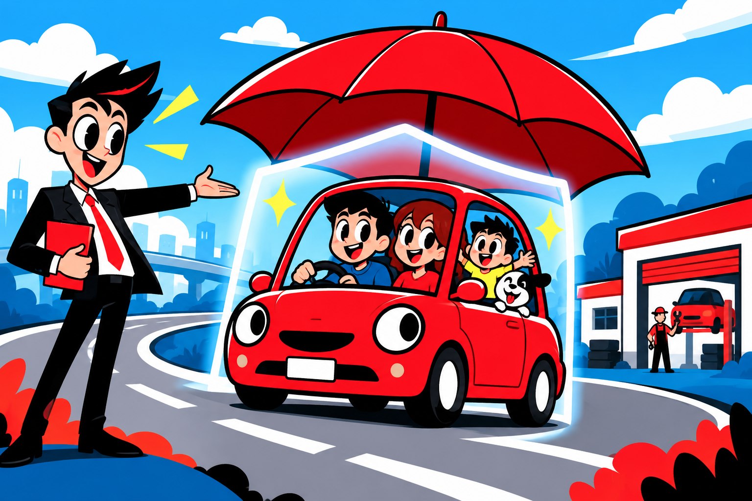 自動車保険の安心を表すポップなイラスト