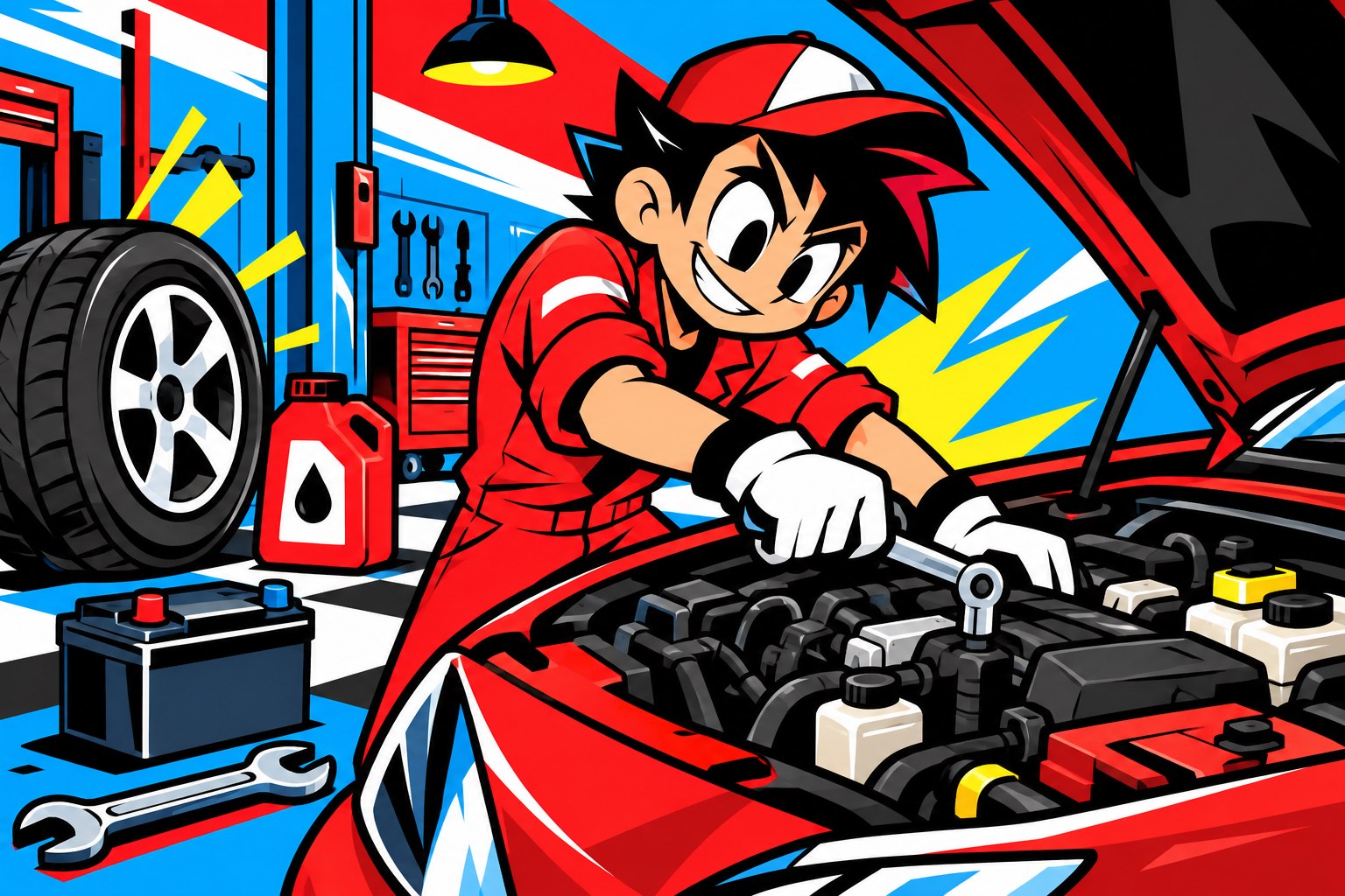 車の整備とメンテナンスを表すポップなイラスト