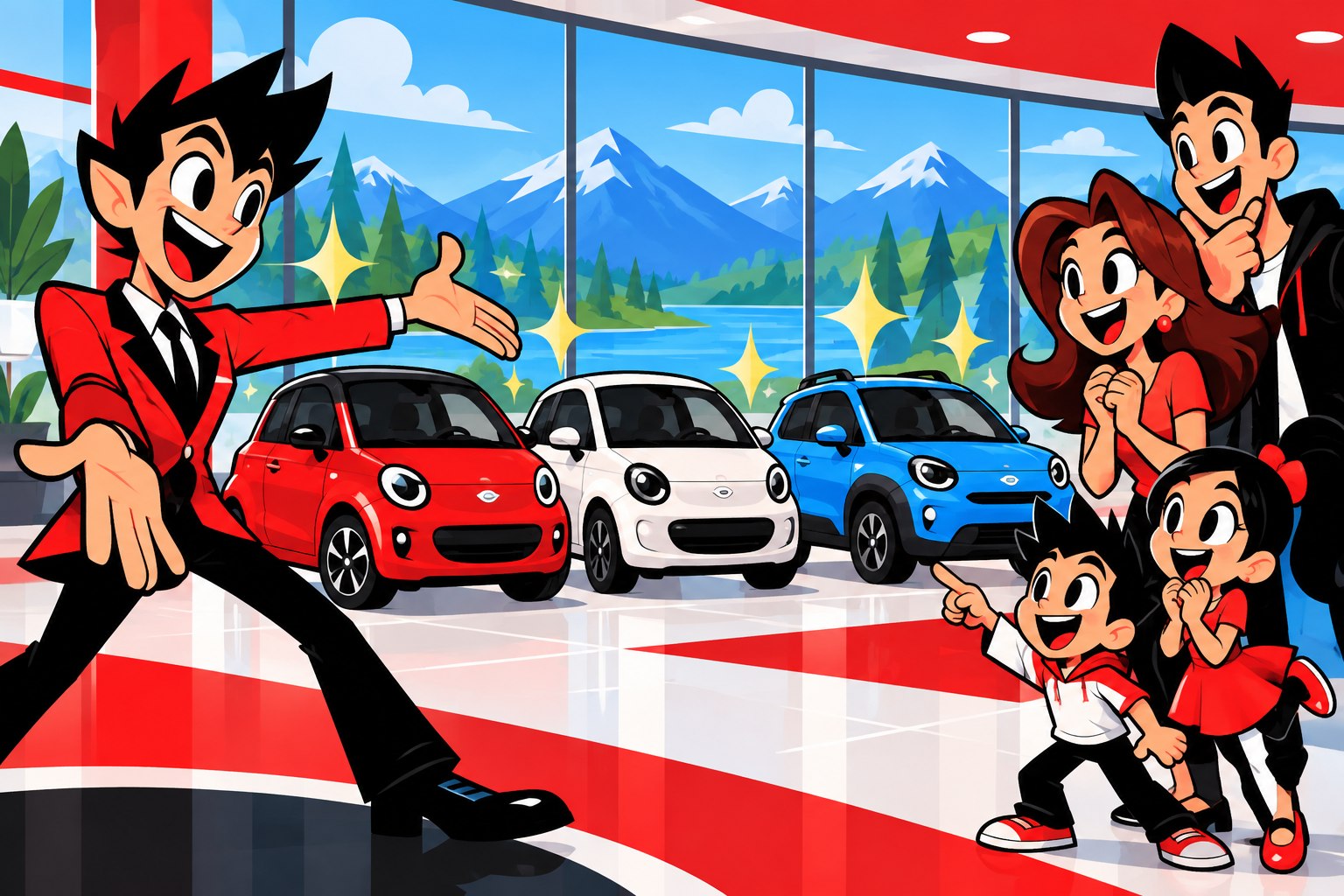 新車選びを楽しむ家族とスタッフのポップなイラスト